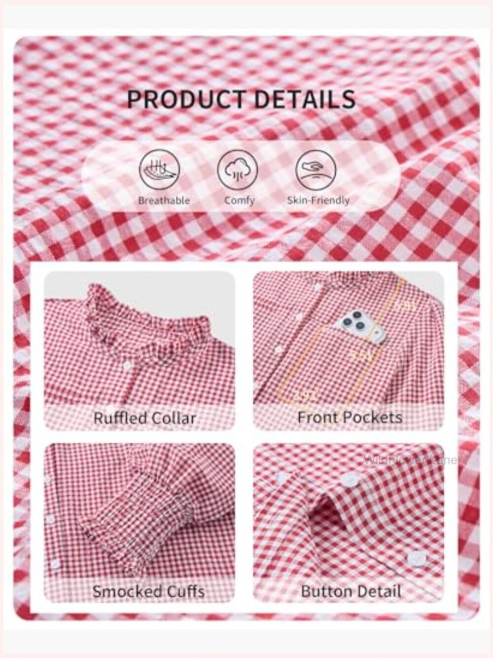 Women's Plaid Button Down Shirt Ruffle Neck Long Sleeve Blouse with Chest - Picture 7 of 7